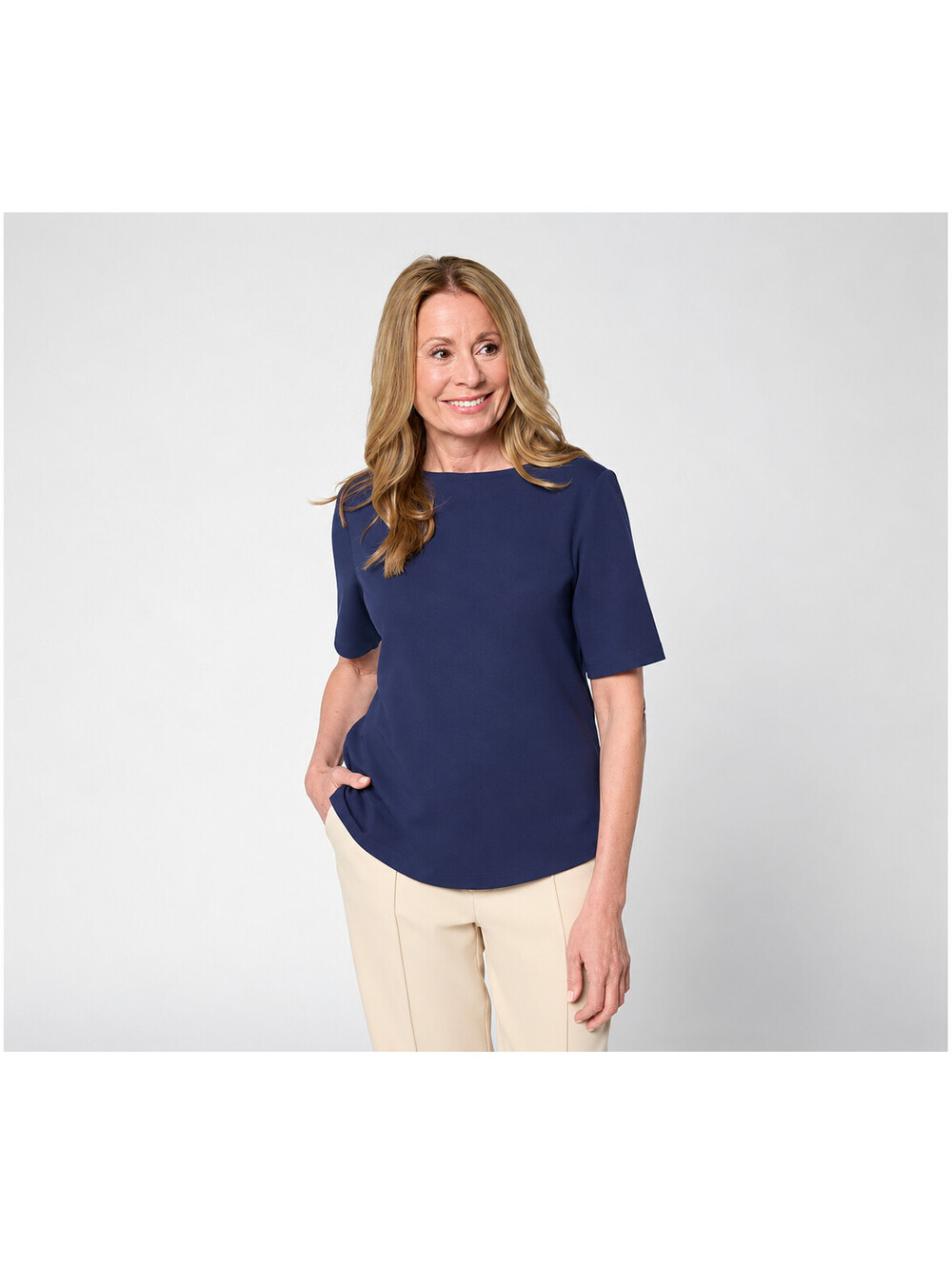 BEAUTIFUL by Lawrence Zarian Classic Knit Boat Neck Elbow Sleeve Top Navy, Large